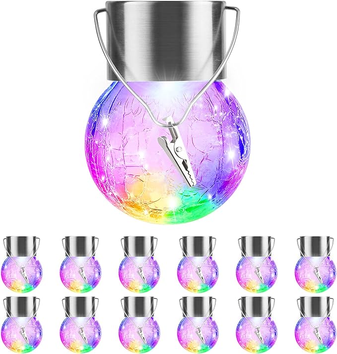 12 Pack Hanging Solar Lights Outdoor Decorative, Waterproof Solar Globe Lantern with Handle and Clip, Solar Powered Cracked Glass Ball Lights for Garden Yard Patio, Fence Tree Umbrella, Holiday Decor-VerdiqueGarden