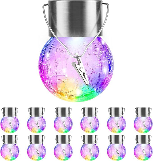 12 Pack Hanging Solar Lights Outdoor Decorative, Waterproof Solar Globe Lantern with Handle and Clip, Solar Powered Cracked Glass Ball Lights for Garden Yard Patio, Fence Tree Umbrella, Holiday Decor-VerdiqueGarden