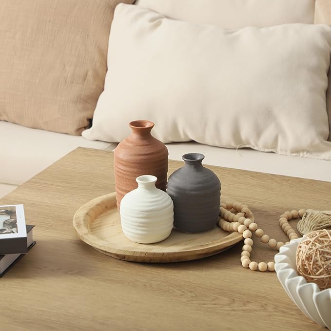 Ceramic Vase Set of 3 Decorative Vase for Home Decor Modern Farmhouse Decor Pottery Neutral Vases for Living Room Bathroom Table Mantel Fireplace Entryway Shelf (02-Brown)-VerdiqueGarden