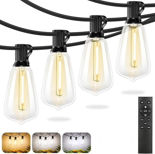 Brightever 60FT Outdoor String Lights with Remote, 3 Color in 1 LED String Lights for Outside with 19 Shatterproof ST38 LED Bulbs, 3 Modes 2 Timer Outside Lighting for Patio, Deck, 2700K/4000K/5000K-VerdiqueGarden