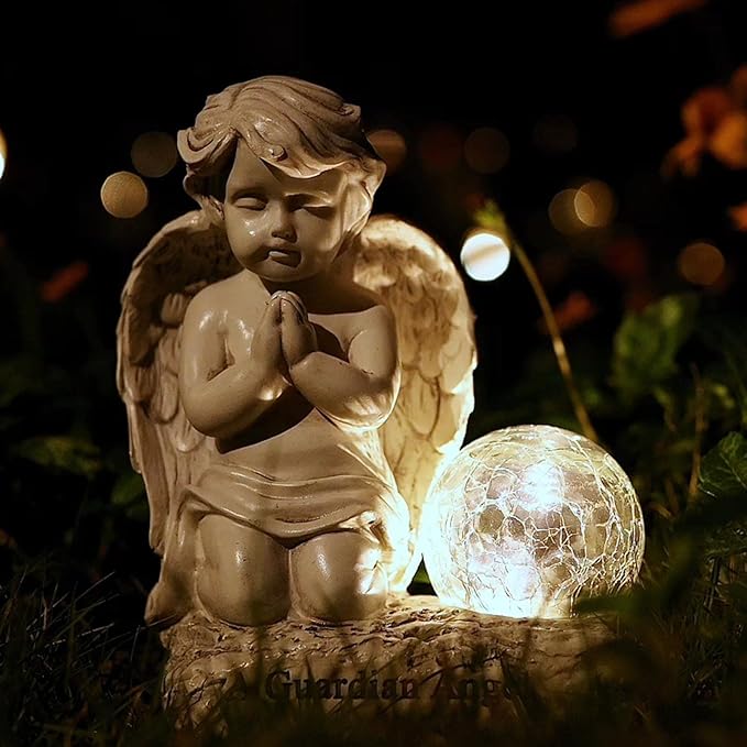 Angel Decor Praying Cherubs Statue, Garden Decor with Solar Crackle Glass Globe for Lawn Patio Decorations-VerdiqueGarden