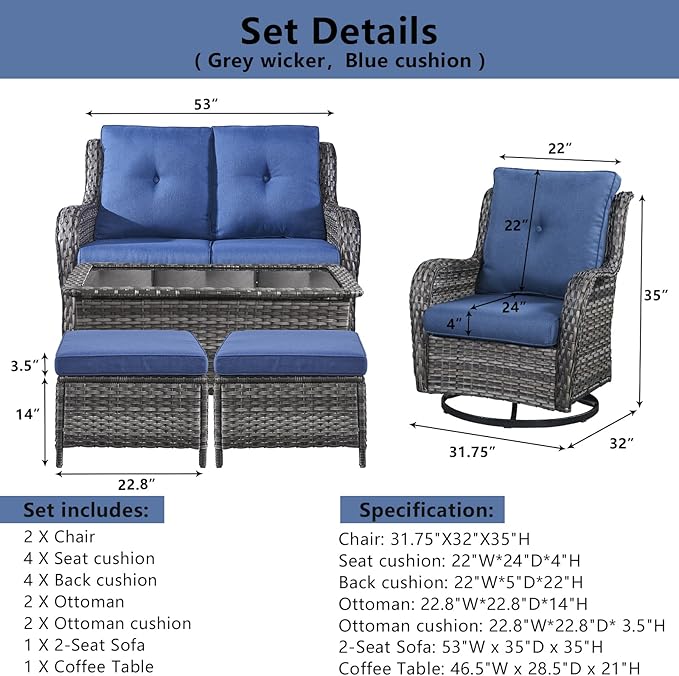 Wicker Outdoor Furniture Patio Furniture Set - 6 Piece Patio Conversation Set with Swivel Rocker Chairs, Loveseat Sofa, Ottomans and Coffee Table, Blue Cushion-VerdiqueGarden