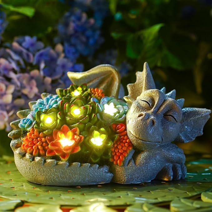 Solar Dragon Statue with Succulent Lights - Dragon Garden Sculptures & Statues，Garden Decor for Outdoor Yard Art Ornaments 9.1inch (Gray)-VerdiqueGarden