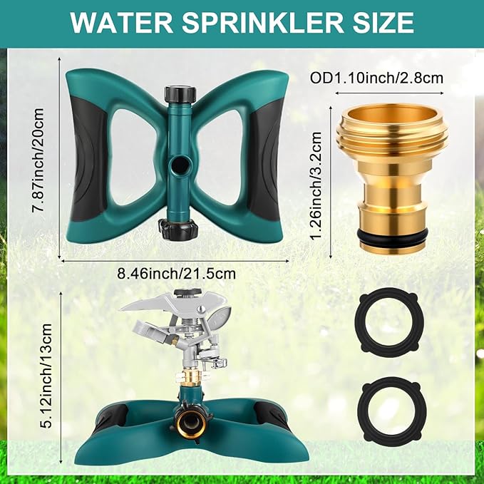 1 Packs Lawn Impact Sprinkler Heavy Duty Rotating Adjustable Pulsating Water Sprinkler Head with Metal Base, Adjustable Spraying Area and Distance for Large Area Garden Lawn Yard Irrigation-VerdiqueGarden