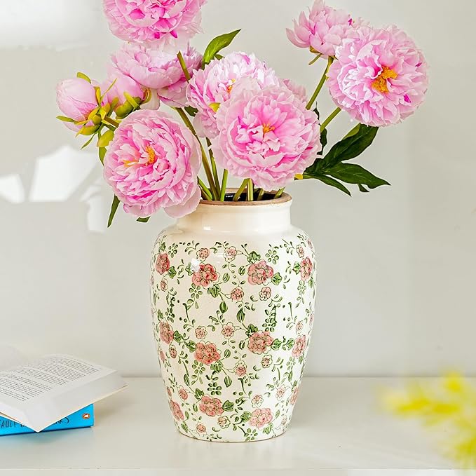 Sungmor Ceramic Flower Vase, Vintage Ice Cracked Glaze Porcelain Vase, Pretty Home Decor Vase for Flower Arrangement, Fresh Flowers, 10.2 Inch Tall Chinoiserie Pottery Vase, Pink Floral Pattern-VerdiqueGarden