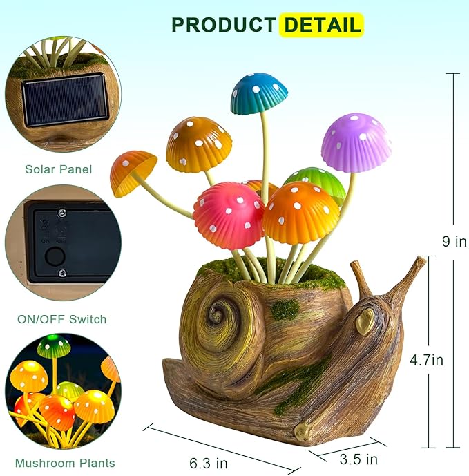 Solar Lights Outdoor Garden Statue,Cute Snails Figurines with Mushroom LED Solar Lights Fairy Garden Accessories,Birthday Gifts for Women Mom Gardening for Patio,Yard Art,Lawn Ornament,Porch,Backyard-VerdiqueGarden