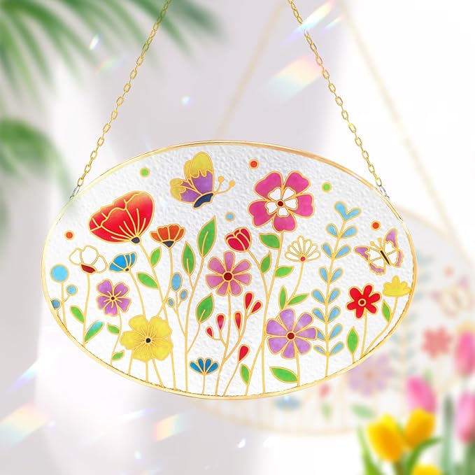 Tuitessine Wild Flower Stained Glass Suncatcher Colorful Flowers Window Wall Hanging Ornament Indoor Hand-Painted Glass Panel Spring Decor Mother’s Day Teacher Appreciation Gift 9.5" x 6.7"-VerdiqueGarden