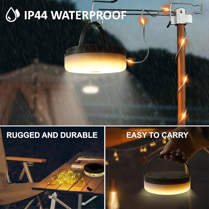 Solar Camping String Lights, 39.4FT Portable Waterproof Camping Light with 8 Lighting Modes, Solar Powered and USB Rechargeable Tent Lantern with Remote Control for Camping, Yard, Garden and Hiking-VerdiqueGarden