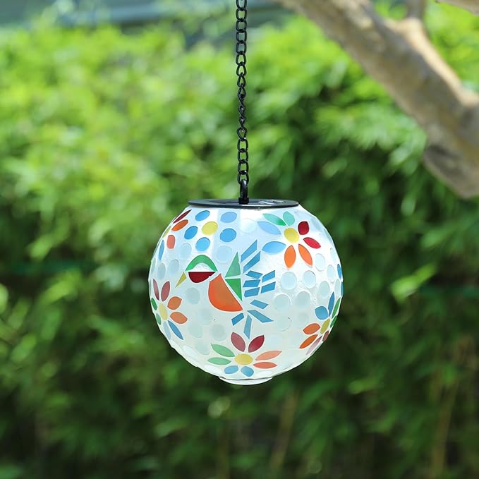 VCUTEKA Solar Chandelier Outdoor, Hanging Mosaic SolarLights with Hook Up, Solar Garden Lantern Decor for Yard, Deck and Patio, White-VerdiqueGarden