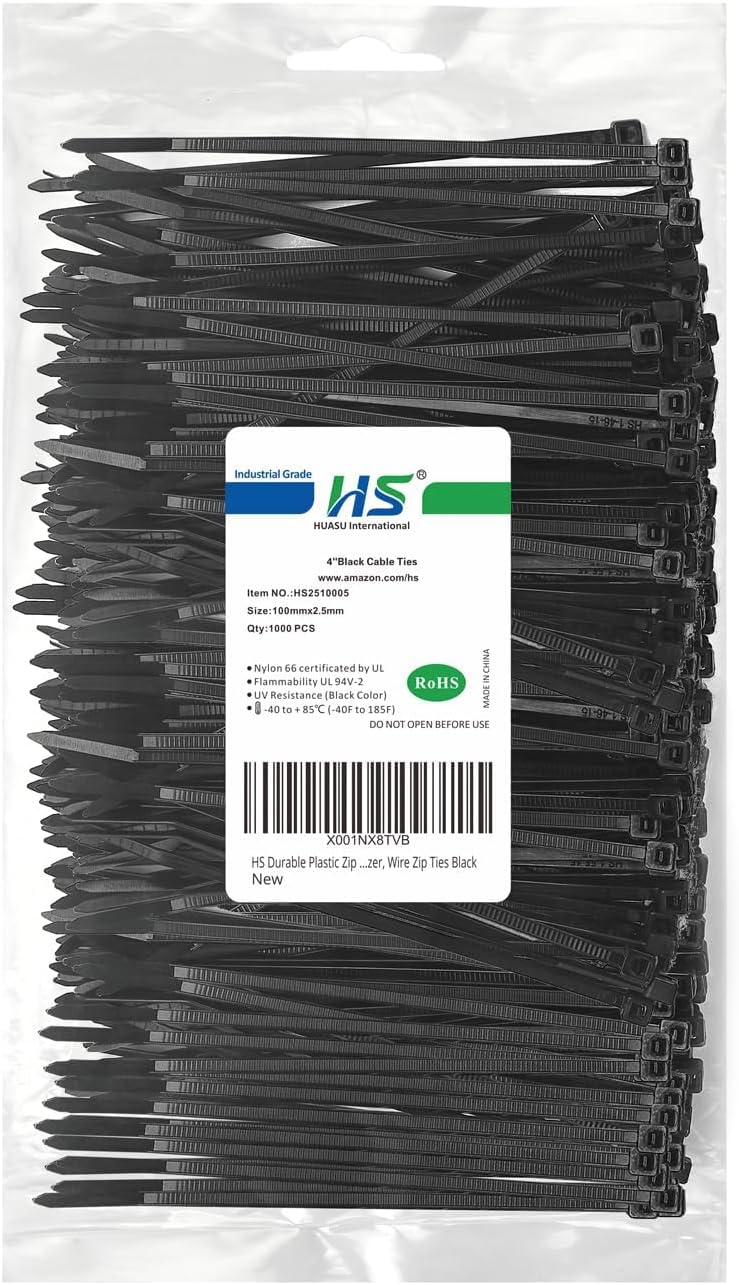 HS Durable Plastic Zip Ties 4 Inch (Bulk-1000 Pack) Small Tie Wraps Thin 18 Lbs Self-Locking Nylon Cable Ties for Electronics Organizer, Wire Zip Ties UV Rated Black-VerdiqueGarden