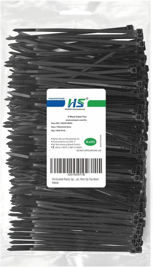 HS Durable Plastic Zip Ties 4 Inch (Bulk-1000 Pack) Small Tie Wraps Thin 18 Lbs Self-Locking Nylon Cable Ties for Electronics Organizer, Wire Zip Ties UV Rated Black-VerdiqueGarden