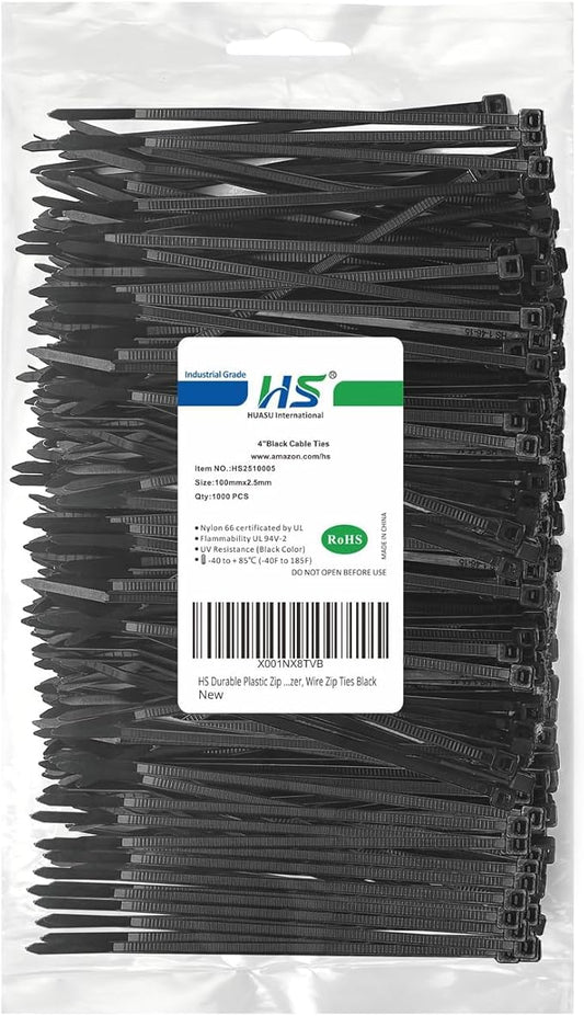 HS Durable Plastic Zip Ties 4 Inch (Bulk-1000 Pack) Small Tie Wraps Thin 18 Lbs Self-Locking Nylon Cable Ties for Electronics Organizer, Wire Zip Ties UV Rated Black