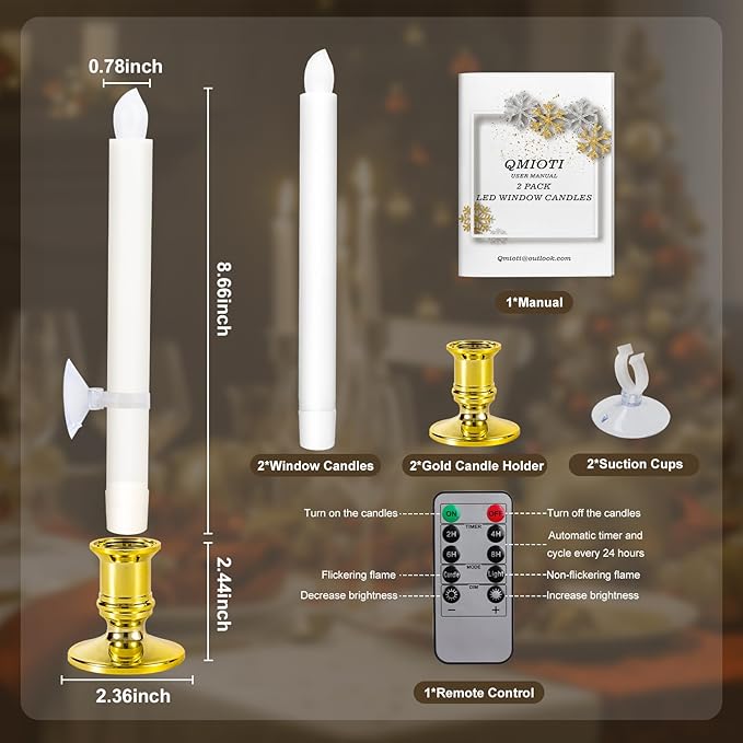 2 Pack Christmas Window Candles with Remote Timer, Flickering Flameless Candles with Candle Holders Suction Cups for Christmas Party Decorations, Gold-VerdiqueGarden