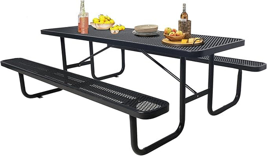6FT Metal Picnic Tables for Outdoors, Commercial Rectangular Picnic Table and Bench Set for Outside, Patio, Garden, Backyard, Porch, Surface Mount, Black-VerdiqueGarden