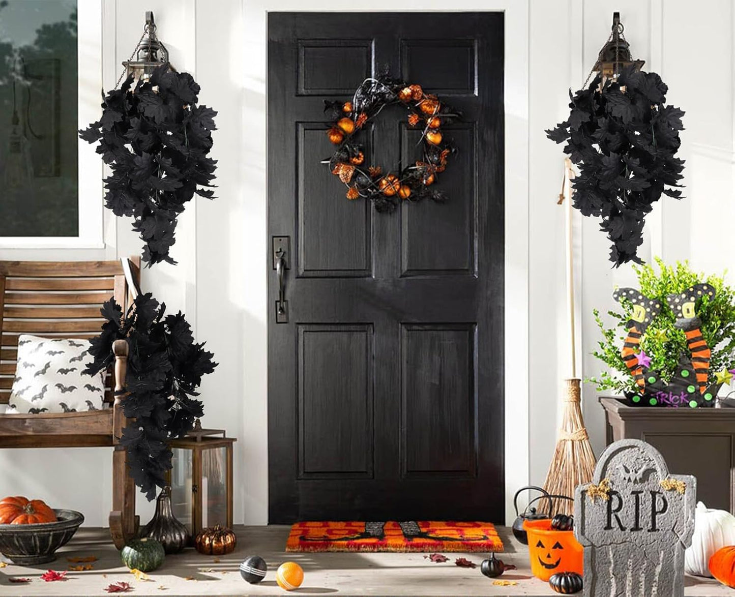 RECUTMS Black Maple Leaf Garland 2PCS Artificial Hanging Fall Halloween Maples Leaves Swag Plants 2.5ft Faux Silk Autumn Garlands for Indoor Outdoor Thanksgiving Party Home Room Fireplace Patio Decor-VerdiqueGarden