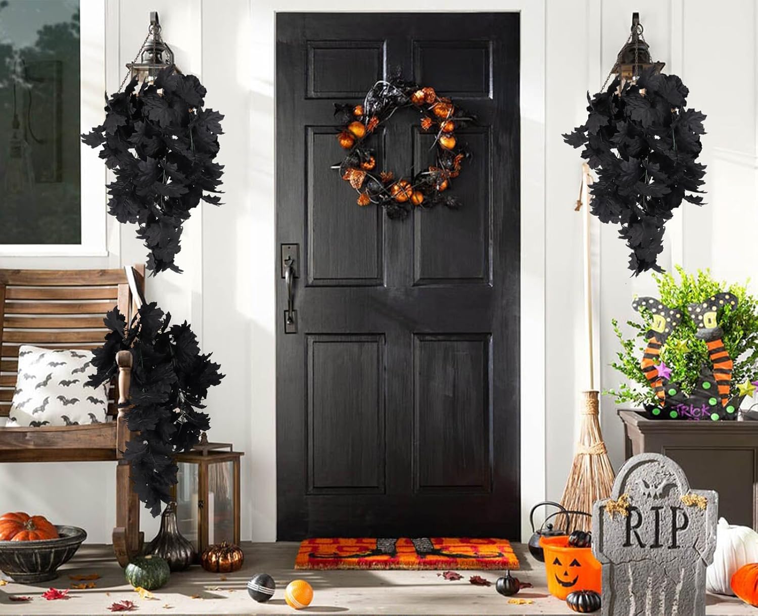 RECUTMS Black Maple Leaf Garland 2PCS Artificial Hanging Fall Halloween Maples Leaves Swag Plants 2.5ft Faux Silk Autumn Garlands for Indoor Outdoor Thanksgiving Party Home Room Fireplace Patio Decor-VerdiqueGarden