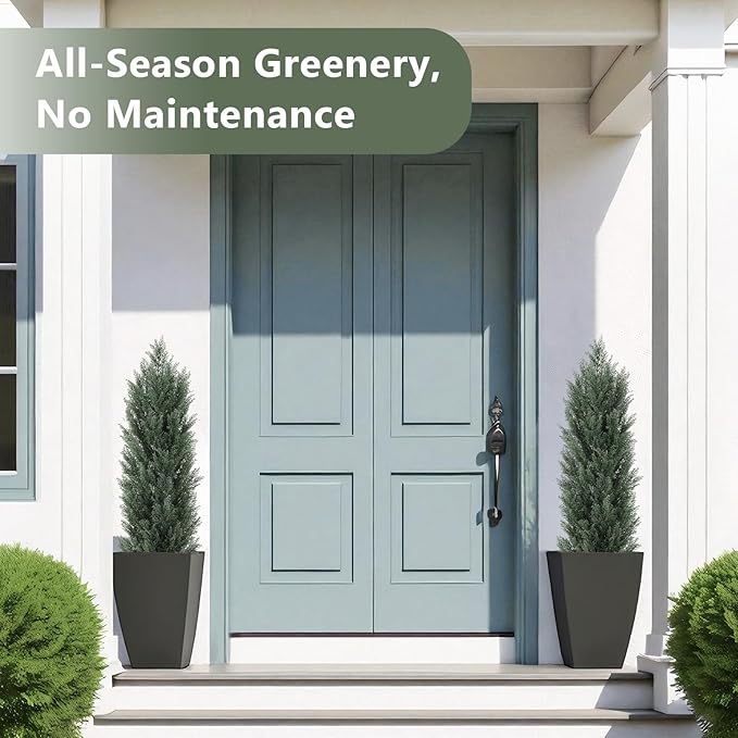 THE BLOOM TIMES 4ft Topiary Trees Artificial Outdoor 2 Pack – UV Resistant Faux Cedar Pine Cypress Bushes and Shrubs, Fake Potted Plants for Front Porch Outside Planter Patio Decor, Set of 2 (4 Foot)-VerdiqueGarden