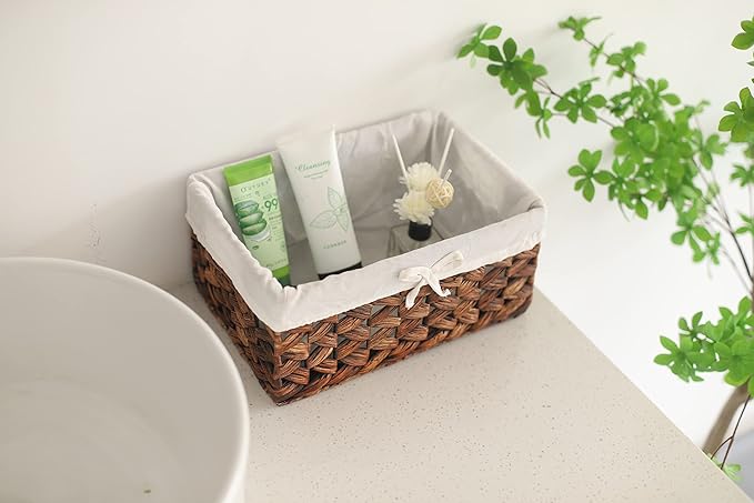 Rectangular Woven Seagrass Storage Bins with Handle,Kingwillow. (water hyacinth, Small)-VerdiqueGarden