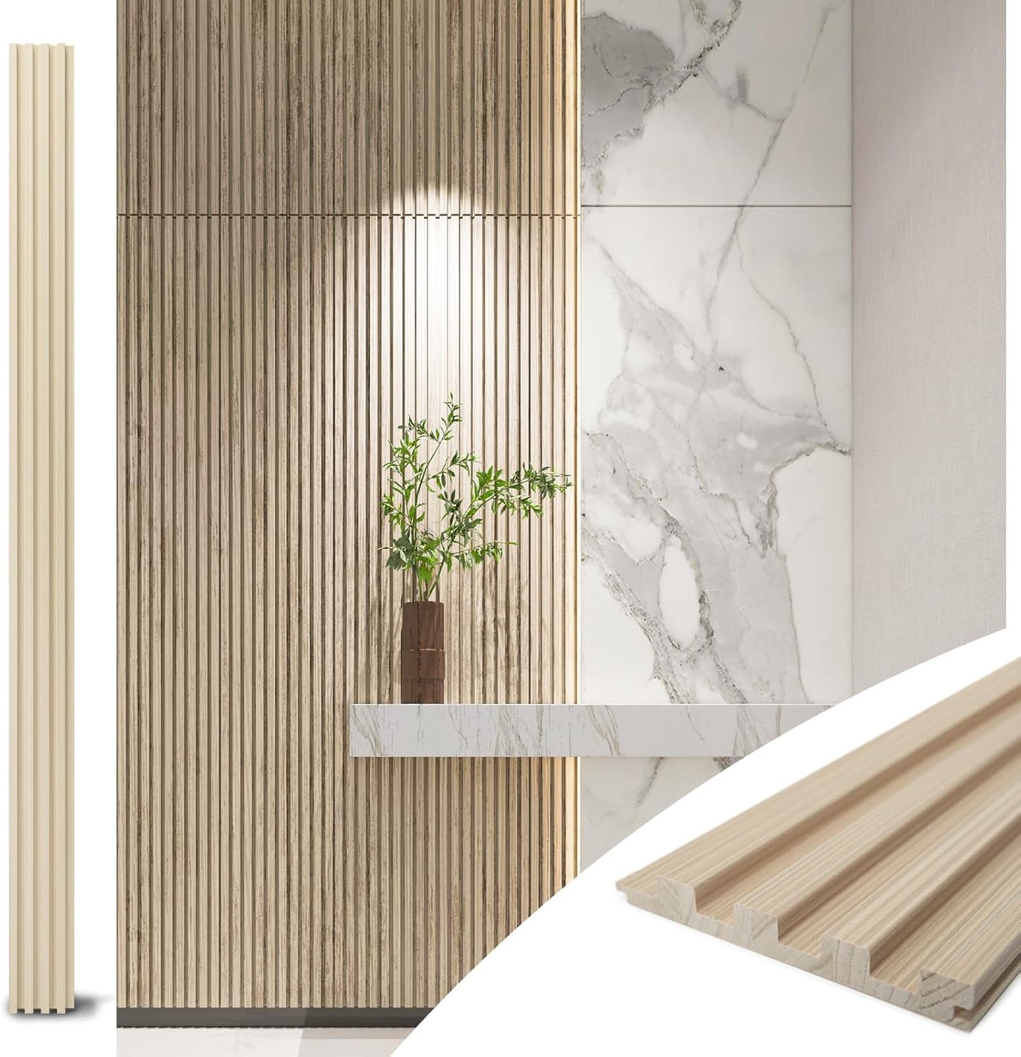 Art3d Slat Wood Wall Paneling for Interior and Ceiling Decoration - Pack of 4pcs + 1pc End-Trim, Size 108 x 5.7in.- Ashtree-VerdiqueGarden