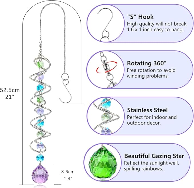 H&D HYALINE & DORA Set of 3 Crystal Sun Catcher for Window Hanging Double-Spiral Gazing Ball Spiral Tail Rainbow Maker Wind Spinners Outdoor for Garden, Patio, Porch, Christmas-VerdiqueGarden