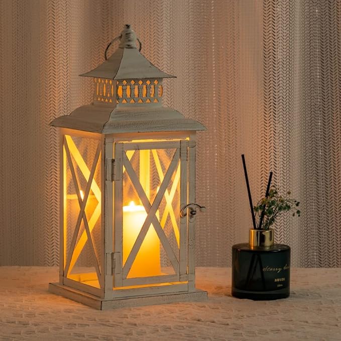 DECORKEY Lantern Decorative Indoor & Outdoor, Large Square Hanging Spring Home Decor, Vintage Metal Decorative Candle Lanterns for Outdoor Patio Wedding Party White with Black Brush-VerdiqueGarden