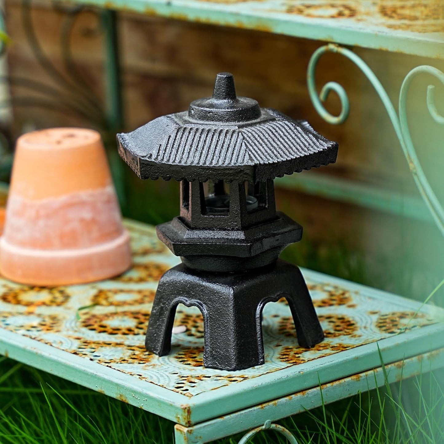 Sungmor Cast Iron Candle Lantern - Japanese Pagoda, Vintage Indoor/Outdoor Zen Garden Decorative Lantern, Heavy Duty Tealight Candle Holder Stand, Rustic Home Decor Patio Yard Art Ornament-VerdiqueGarden
