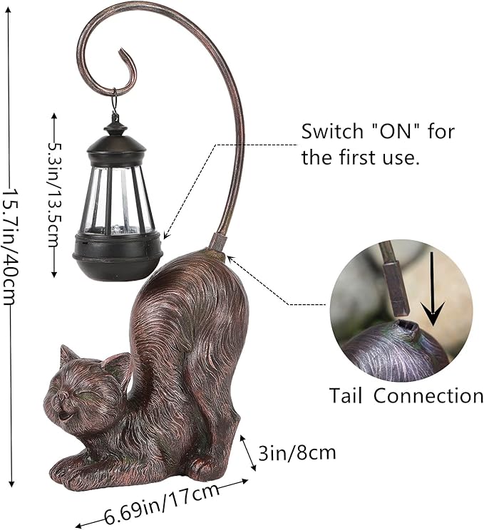 Laughing Cat Figurine with Solar-Powered LED Light, 15.7 Inches Tall Antique Bronze, Perfect for Gift Garden Decor or Housewarming for Cat Lovers.-VerdiqueGarden