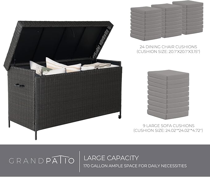 Grand patio 170 Gallon Storage Box, Dark Brown PE Wicker, Minimalist Style, Water Resistant, Flip Top, Smooth Wheels, for Patio Furniture Cushions, Garden Tools, Pool Accessories-VerdiqueGarden
