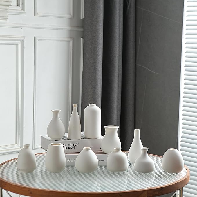 JOJUNO White Bud Vases, Small Ceramic Vase Set of 11, Mini Pottery Vases for Flowers, Decorative Pieces for Home Modern Decor, Boho Decor, Chic Accents for Living Room Dining Table Shelves-VerdiqueGarden