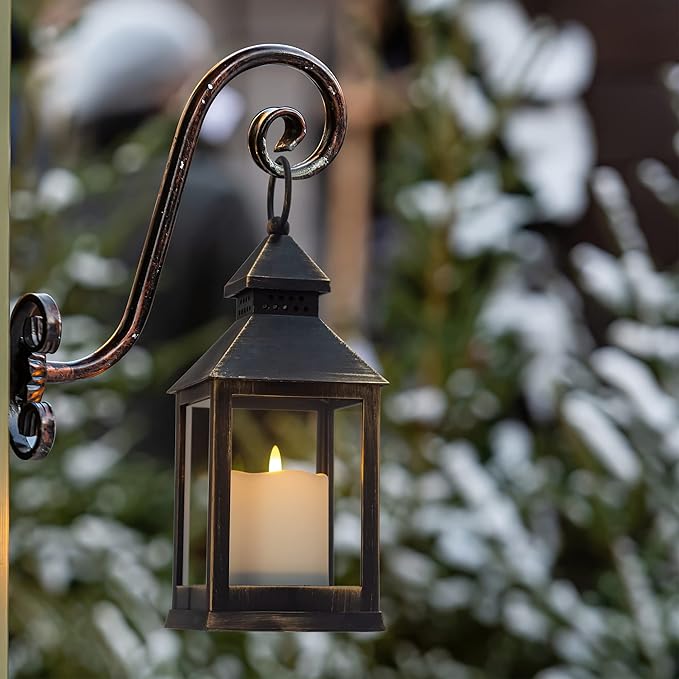Vintage Golden Brushed Black Lantern Decorative LED Flickering Flameless Candle with Timer, Battery Powered LED Decorative Hanging Lanterns for Indoor Outdoor Garden Yard Home Decor(4 Pack)-VerdiqueGarden