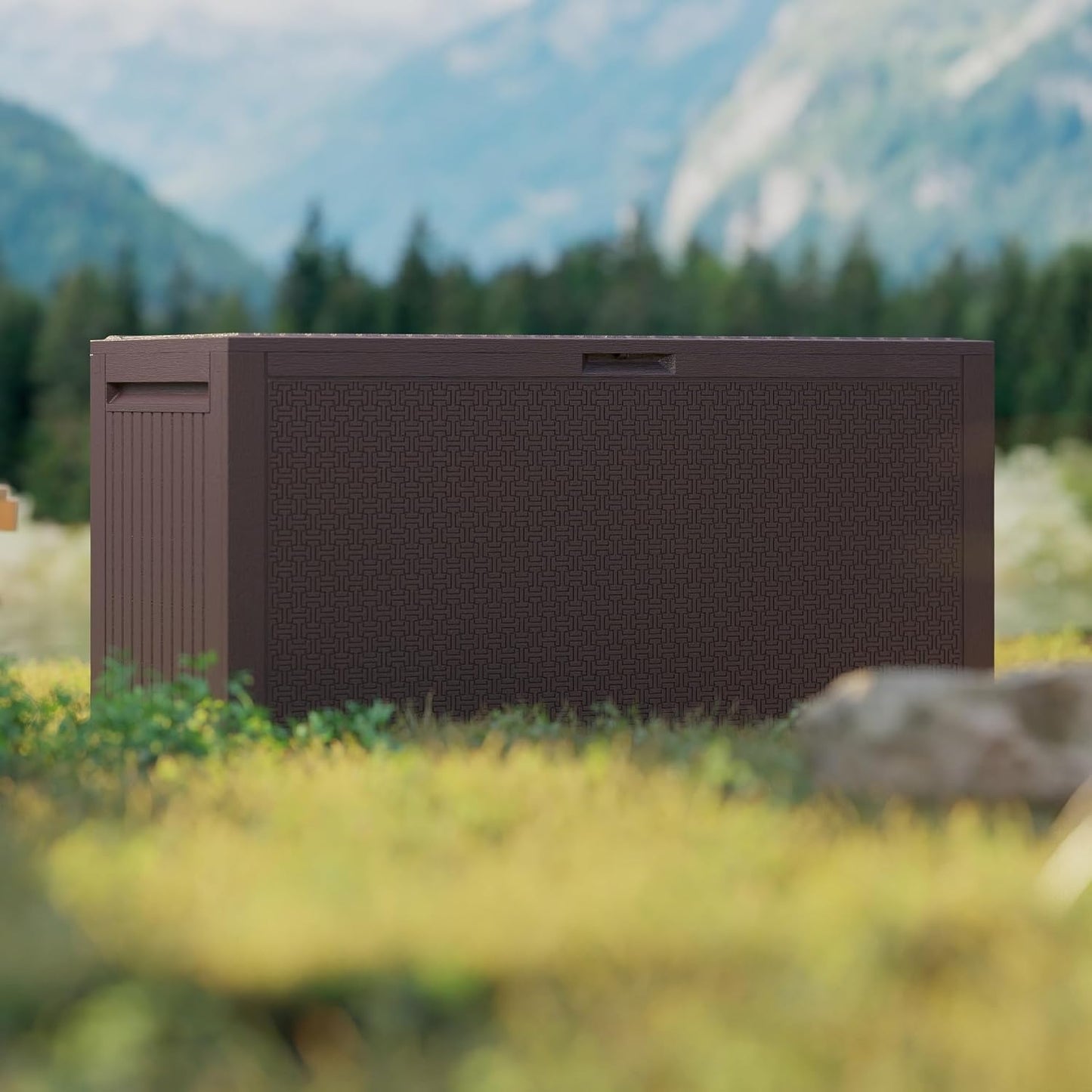 90 Gallon Outdoor Storage Box, Lockable Package Outside Storage Box Waterproof, Patio Cushions Deck Storage Boxes, Rattan Plastic Garden Hose Containers Resin Pool Storage Bins with lids, Brown-VerdiqueGarden