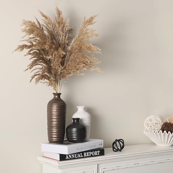 Ceramic Vase Set of 3 Neutral Decorative Vase for Farmhouse, Boho, or Rustic Home Decor Pottery Vases for Living Room Bathroom Table Mantel Fireplace Entryway Shelf (01-Metallic)-VerdiqueGarden