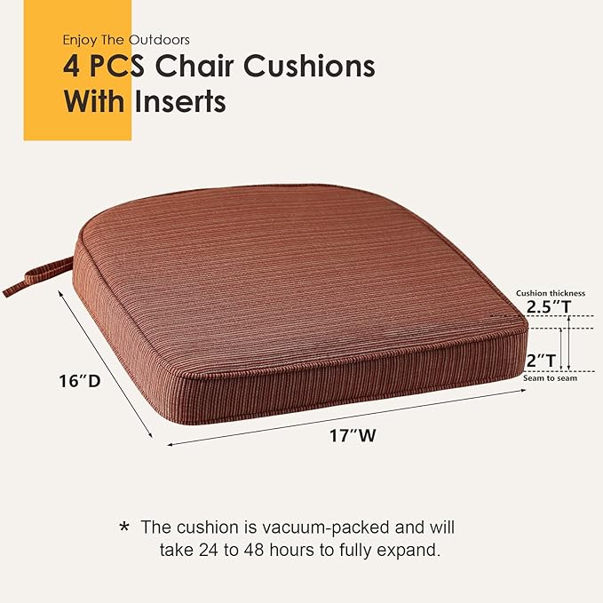 Outdoor Outdoor Round Corner Seat Cushion, 17"x16"x2", Set of 4, Non Slip Seat Cushion Pads with Removable Cover for Patio Furniture, Garden Yard Lawn, Dark Yellow Tan Stripe-VerdiqueGarden