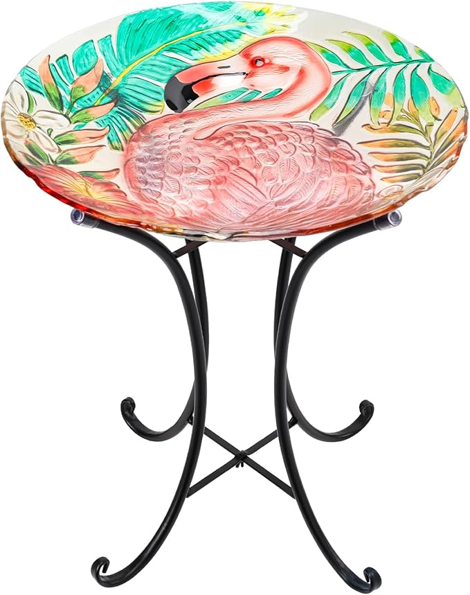 VCUTEKA 18" Outdoor Glass Birdbath with Sturdy Metal Stand for Lawn, Yard, or Garden Decor Bird Lovers Gift, Flamingo Bird Bath Detachable, 22" Height-VerdiqueGarden