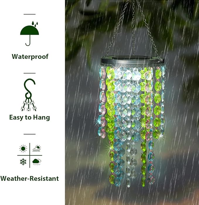 Hanging Solar Lantern Outdoor, 2 Tiers 21” Solar Multicolor Acrylic Beaded Chandelier with Cool White LED S Hooks for Garden Yard Patio Gazebo Outside Decor-VerdiqueGarden