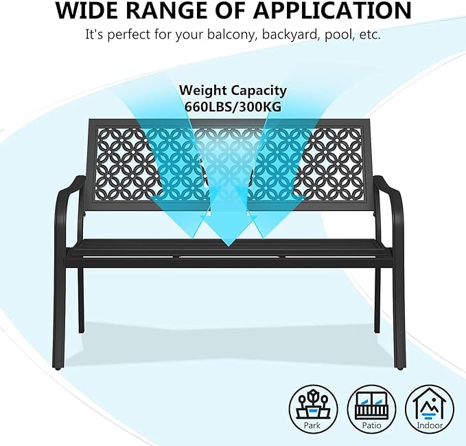 Grand patio 50" Outdoor Bench Garden Bench with Armrests Bench for Outdoors Lawn Yard Porch Black-VerdiqueGarden