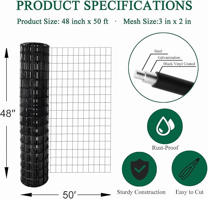 Black PVC Coated Welded Wire Fence 48 Inch x 50 Foot, 2 Inch x 3 Inch 16GA, Garden Border Fencing Roll Vinyl Coating Metal Wire Mesh for Yard Vegetable Plant Protection Poultry Netting-VerdiqueGarden