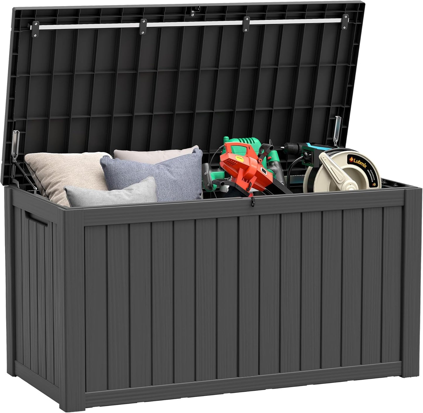 150 Gallon Resin Deck Box, Large Indoor and Outdoor Storage Box, Weatherproof and UV Resistant Outdoor Storage Box with Built-in Steel Beams for Patio, Cushions, Pool Supplies-VerdiqueGarden