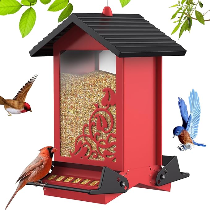 Squirrel Proof Bird Feeder for Outdoor Hanging,Metal Bird Seed Feeder with Bilateral Weight Activated Perches,5LB Large Capacity Wild Bird Feeders for Outside,Easy Refill and Clean,Red-VerdiqueGarden