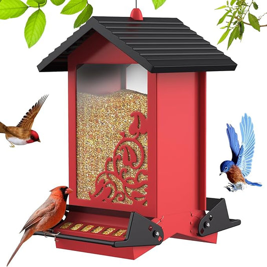 Squirrel Proof Bird Feeder for Outdoor Hanging,Metal Bird Seed Feeder with Bilateral Weight Activated Perches,5LB Large Capacity Wild Bird Feeders for Outside,Easy Refill and Clean,Red-VerdiqueGarden