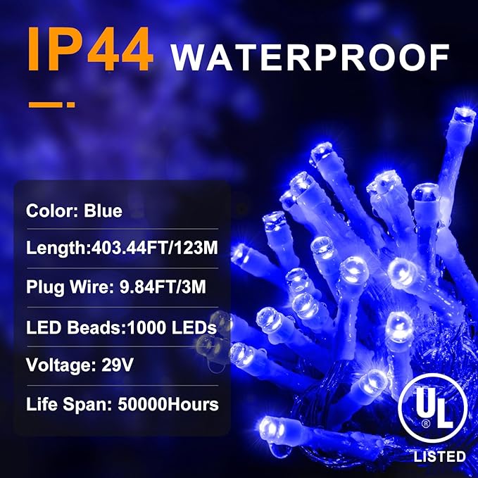 KNONEW 403ft 1000 LED String Lights Outdoor Christmas Light 8 Modes & Timer Fairy Lighting Plug in Waterproof for Xmas Yard Tree Wedding Party Holiday Decorations (Blue)-VerdiqueGarden