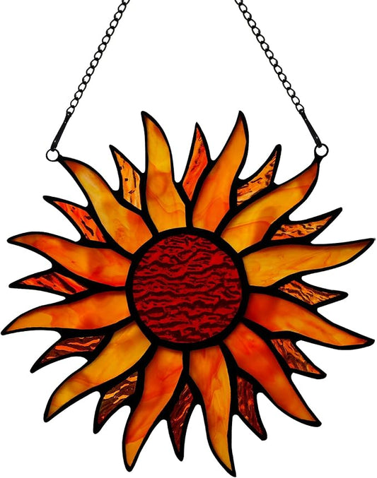 BOXCASA Sun Stained Glass Window Hangings,Tiffany Style Red Sun Suncatcher,Handcrafted Stained Glass Sun Decor for Window,Home Decorations for Window Living Room Bedroom Balcony Kitchen-VerdiqueGarden