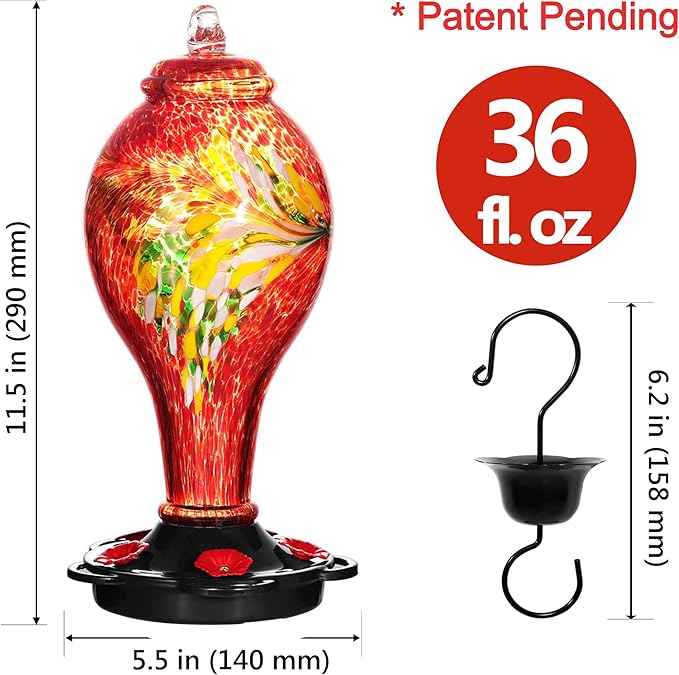 LUJII Hummingbird Feeders for Outdoors, Hand Blown Glass, Never Fade, 36 Fluid Ounces, 5 Feeding Stations, Much Bigger, Garden Backyard Decorative, Containing Ant Moat (Red)-VerdiqueGarden