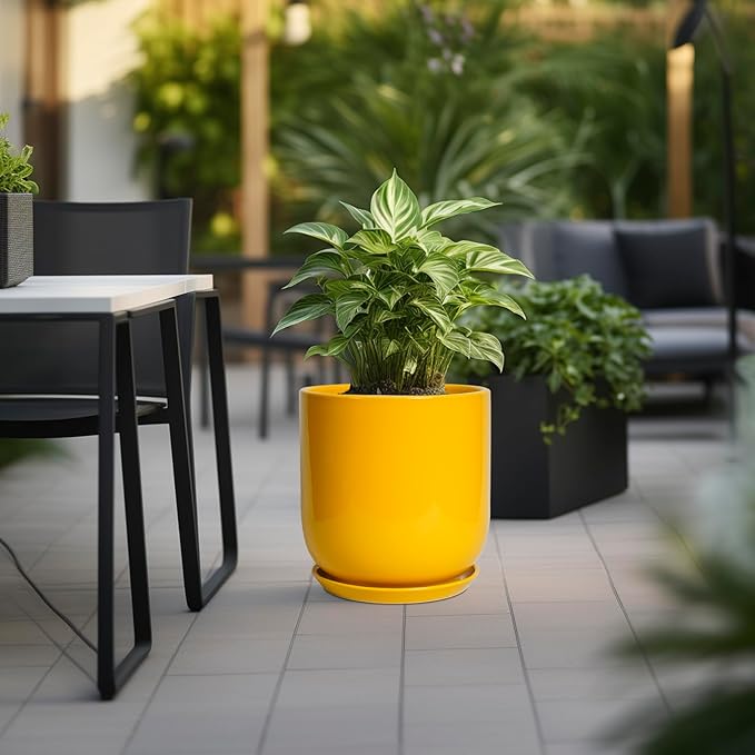 12 Inch Pots for Plants - Ceramic Planter for Outdoor Plants Large Plant Pot Indoor with Drainage Hole Modern Flower Pot for Home Patio Office Decor Yellow-VerdiqueGarden