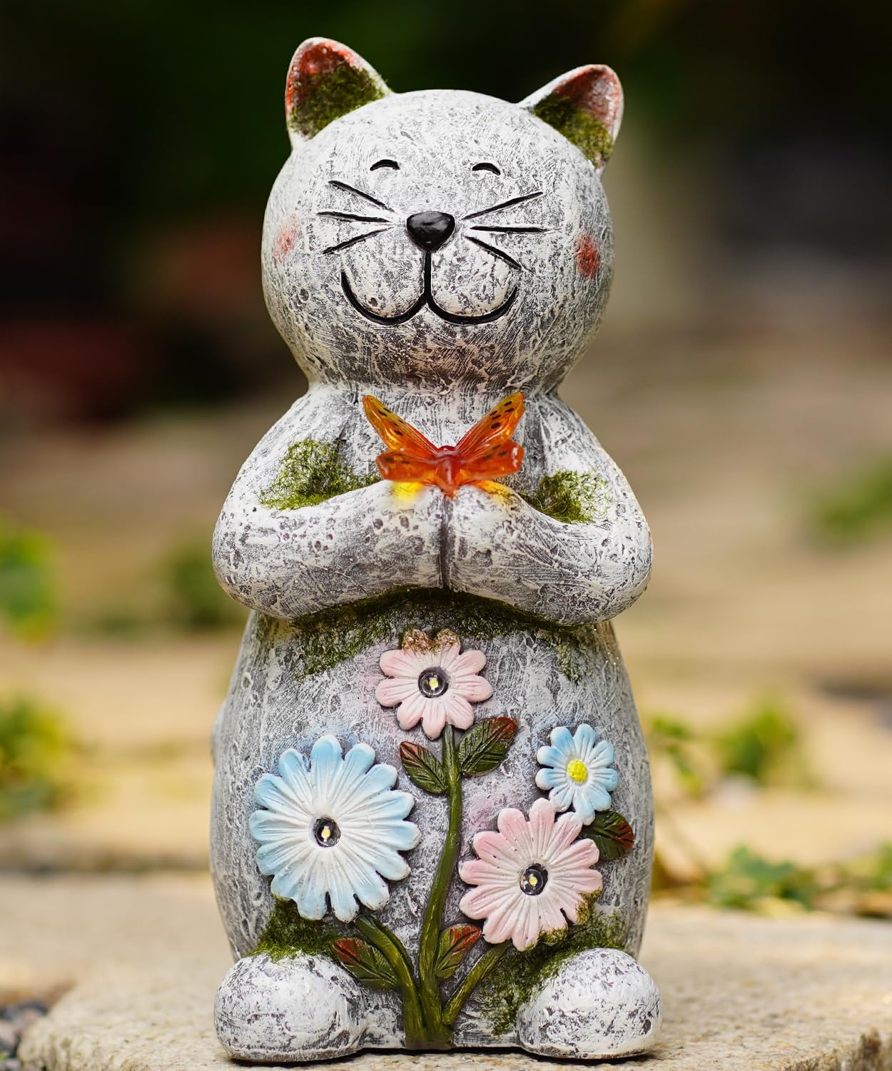 Solar Garden Statue Cat Figurine – Outdoor Decoration with Butterfly for Garden Yard Lawn Home Decor Outside : Unique Gifts for Mom Grandma-VerdiqueGarden