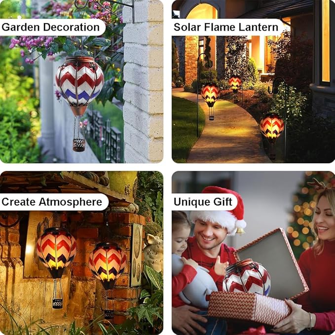 Hot Air Balloon Solar Lantern with Flickering Flame, Glass Hanging Garden Lights Outdoor Waterproof for Tree Yard Patio Mother's Day Gift, 18" H Wavy-Blue Red White-VerdiqueGarden