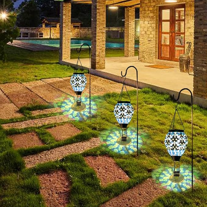 Starsoul Mosaic Dragonfly Hot Air Balloon Solar Lantern Glass Outdoor Hanging Hot Air Balloon Solar Flickering Flame Light Waterproof Garden Patio Yard Party Decorations-VerdiqueGarden