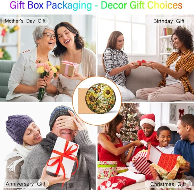 Sunflower Decor Suncatcher Stained Glass Window Hanging - Butterfly Stained Glass Suncatchers for Windows - Sun Catchers Indoor Window with Chain and Hook - Sunflower Gifts for Women Mom Teacher Gift-VerdiqueGarden