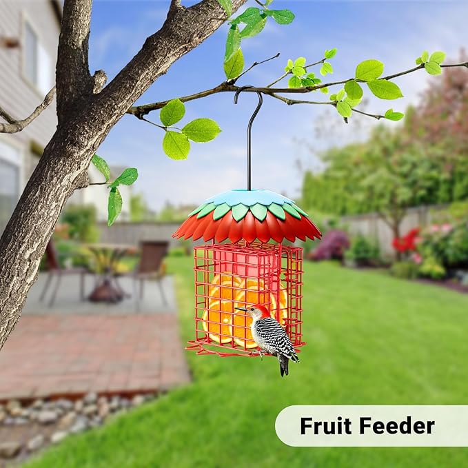 Suet Feeder Double with Weather Guard & Ant Moat, Skaithee Bird Feeders for Outdoors Hanging with 2 Holders Keep Cakes Clean & Fresh Attracts Wild Birds Great for Woodpecker & Clinging Birds, Red-VerdiqueGarden