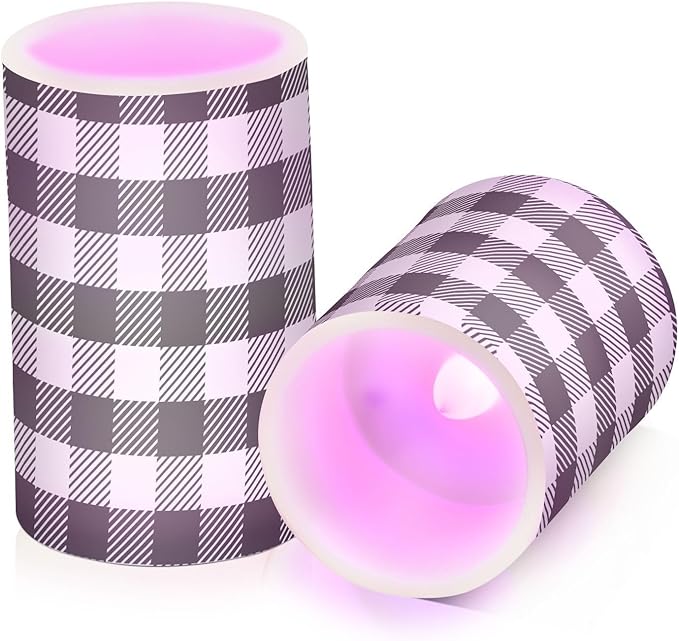 Flickering Flameless Candles, Black White Buffalo Plaid LED Candles with Remote Timer, Set of 2 Battery Operated Candle for Valentine Wedding Birthday-VerdiqueGarden